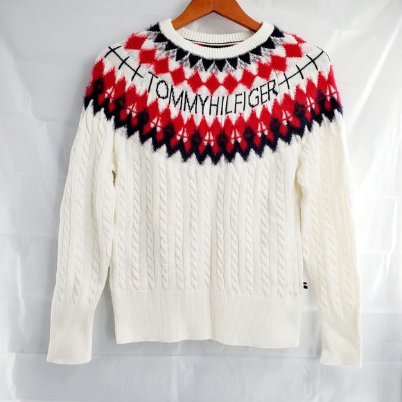 Tommy Hilfiger Women's Ivory/Multi Fair Isle Logo Cable-Knit Sweater Sz S/P NWT - Picture 4 of 11